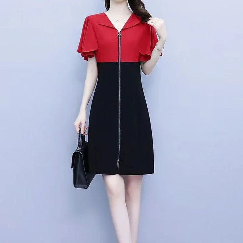 

Летнее модное платье с летающими рукавами и надрезом, женское уличное платье контрастного цвета на молнии, Vestidos, элегантные тонкие универсальные платья ZT17