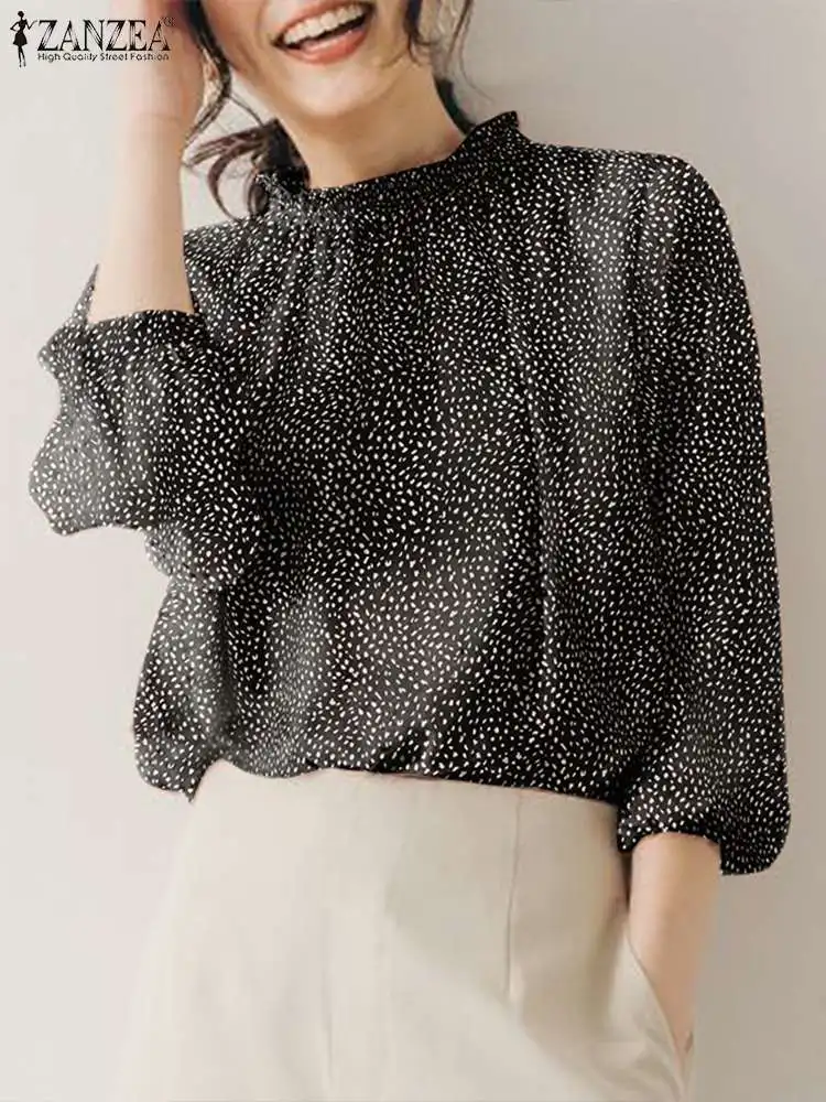 ZANZEA Women Leopard Print Blouse Fashion 3/4 Lantern Sleeve Shirt 2023 Autumn Elegant Tunics Casual Stand Collar Pleated Tops