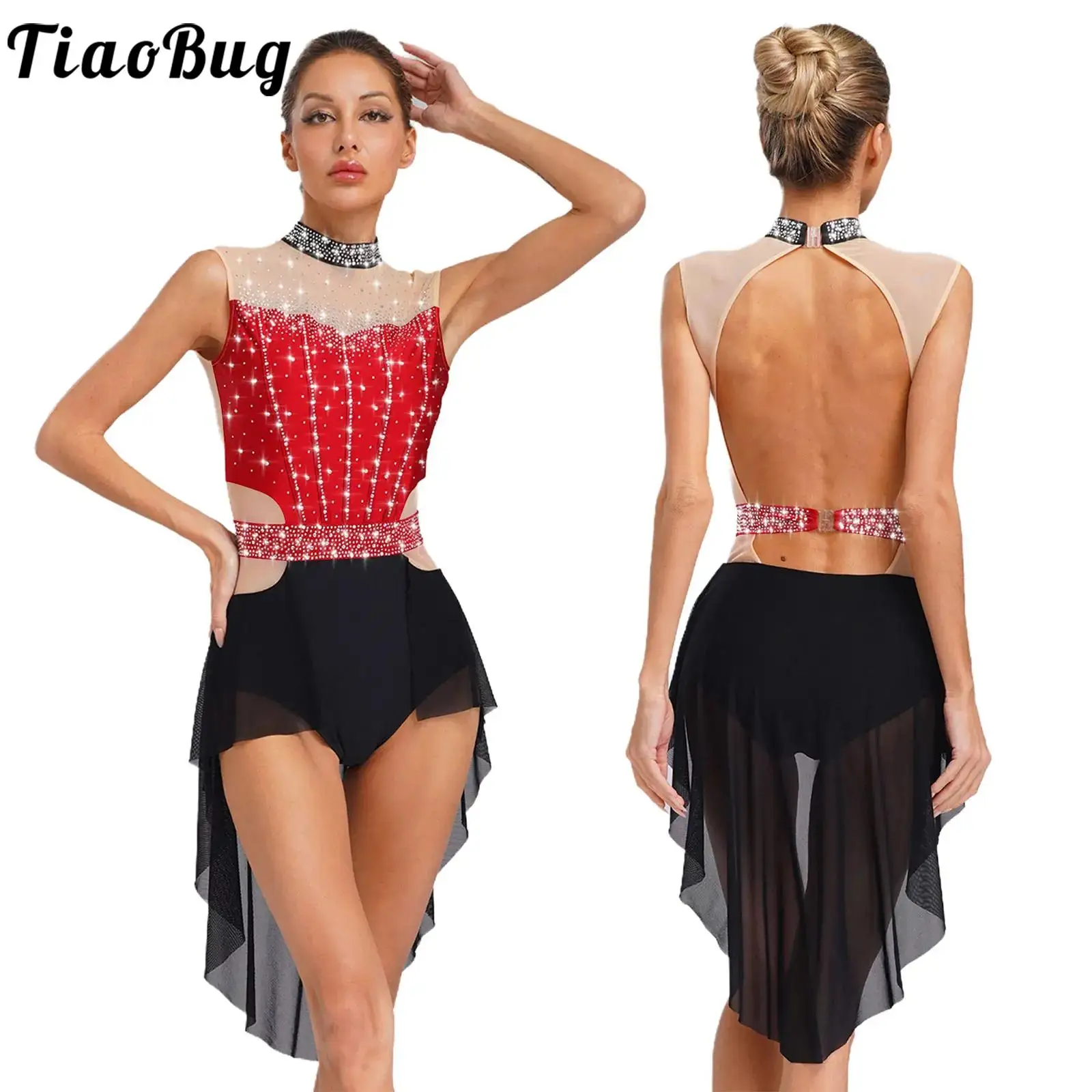 

Women Figure Skating Lyrical Dance Dress Modern Dancewear Sleeveless Backless Shiny Rhinestones Mesh Patchwork Skirted Leotard