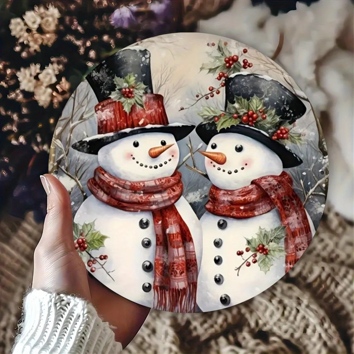 Cartel Metálico Redondo 2D Plano de Navidad con Muñeco de Nieve, Decoración Festiva para Pared y Puerta, Ideal para Hogar y Casa Rural