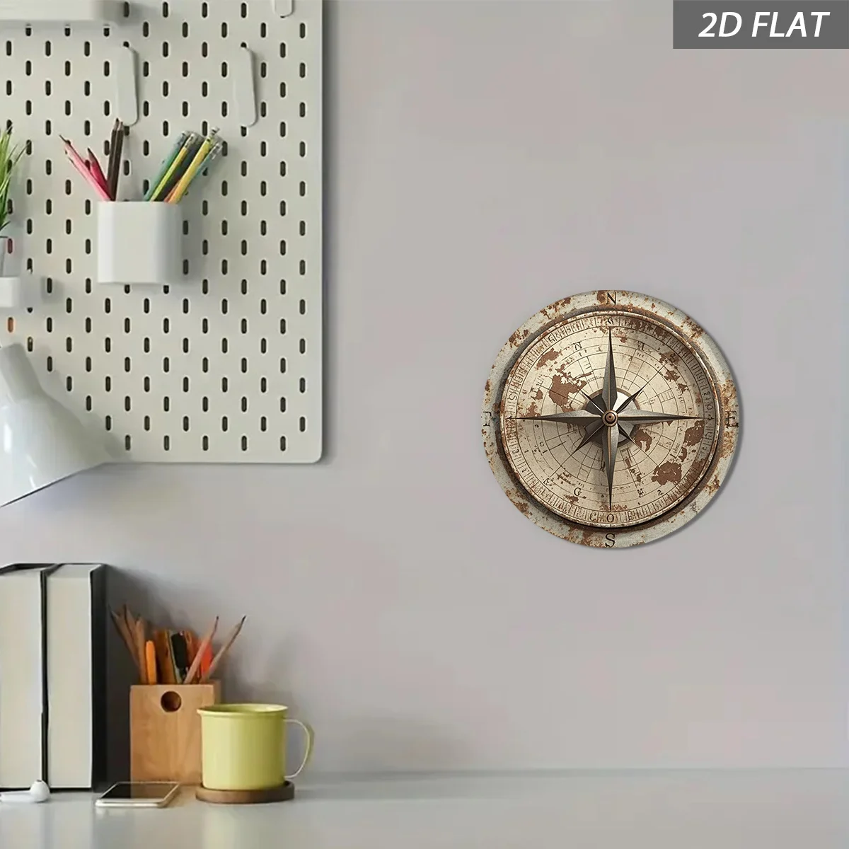 2D Flat - 1pc Vintage Compass Wall Art | Round Wooden Plaque with Distressed Look, Ideal for Home, Bar, And Restaurant Decor - P