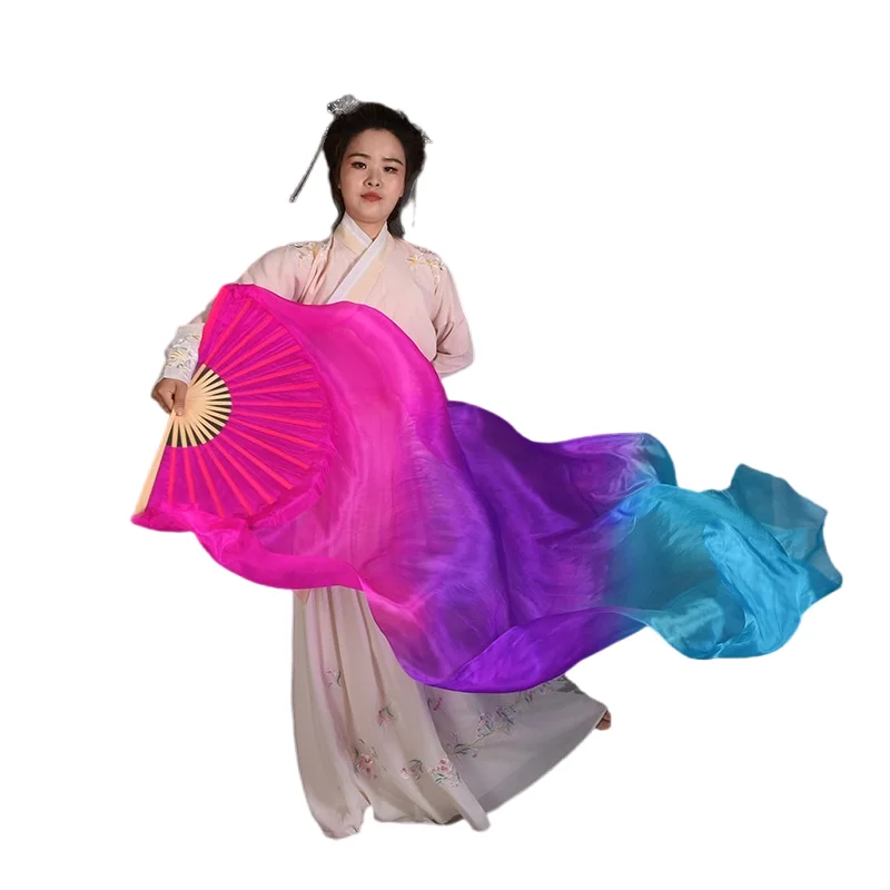100% Silk 150cm Gradient Color Female Belly Dance Fan Veils Silk Bamboo Fan Performance Prop Stage Show Competition Costume