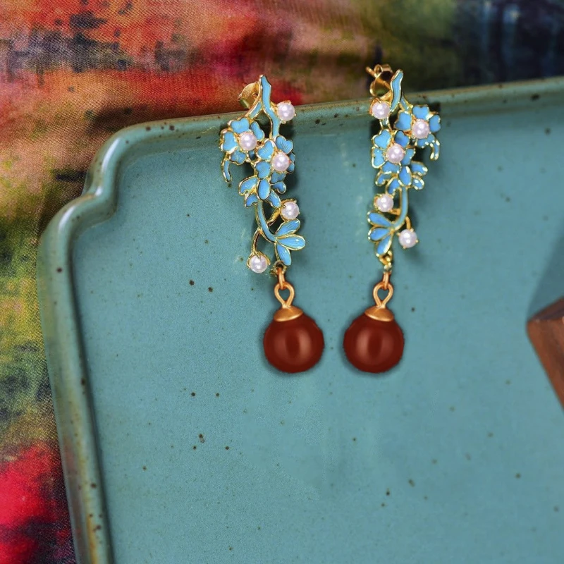 Cloisonne ethnic style Pearl enamel flower earrings for women Court style Natural Hotan Jade Red bead Eardrops wedding jewelry