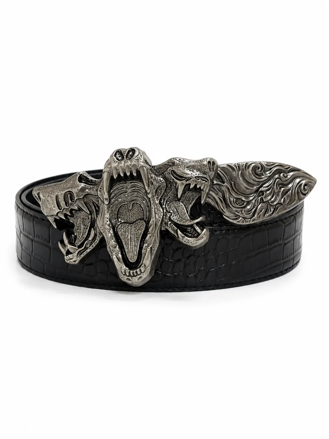 Roaring Serpent Crocodile Belt, Three Head Dragon Statement Buckle with Crocodile Pattern Design, Dark Gothic Punk Style Belt fo