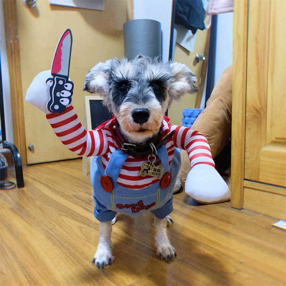 Halloween Costume for Dog Funny Pet Clothes Dog Cosplay Costume Novelty Clothing Teddy Deadly Doll Knife Dagger Hoodies Gift