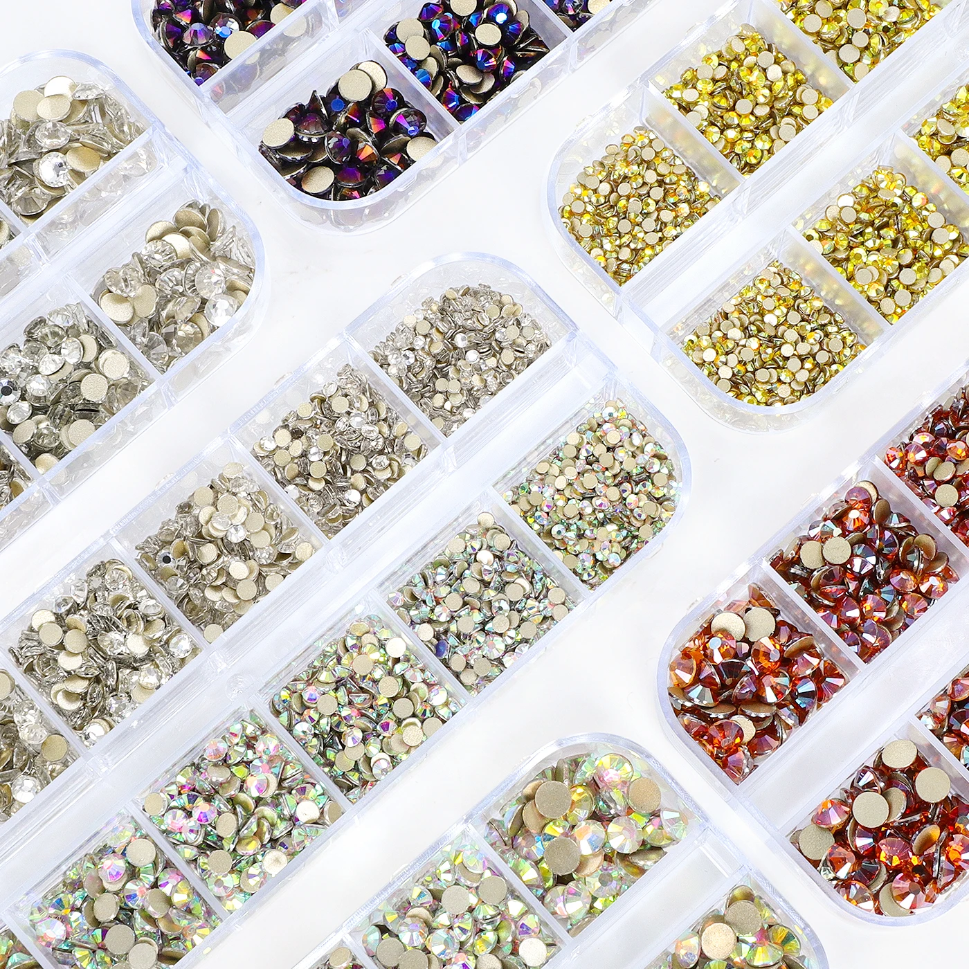 QIIY SS6-SS20 Mix Sizes 12 Grids Glass Rhinestones Golden Bottom Flatbase Strass For Nail Art DIY And Clothes Crafts Decorations