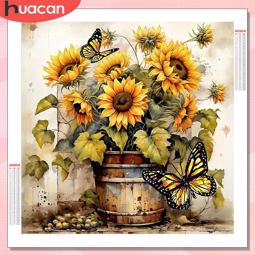 HUACAN Diamantmalerei Sonnenblumen-Schmetterling Diamantkunst Mosaik Blumenmuster Heimdekoration Strass DIY Geschenk Quadratische Runde Perlen