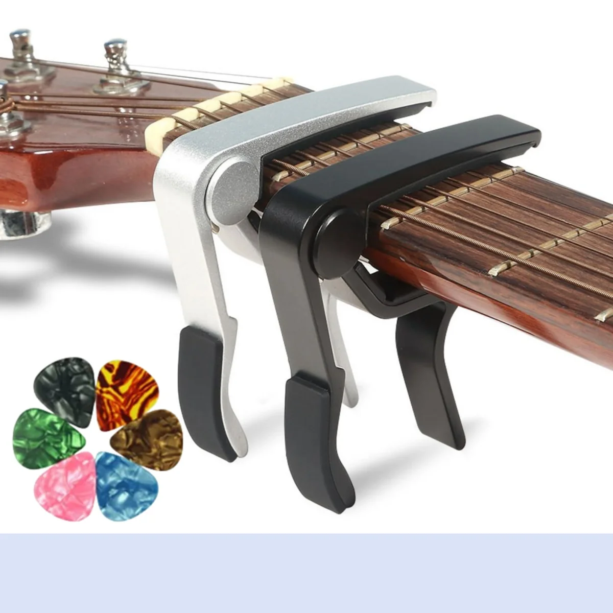 Guitar capo black or silver for acoustic guitar, electric guitar, classical guitar, banjo, bass etc.+guitar picks (6 random colo