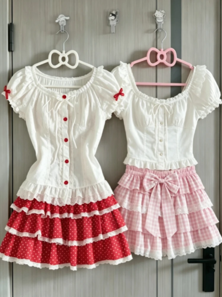 Japanese Kawaii Y2k Two Piece Outfits For Girls Crop Blouse Mini Skirt Retro American Sweet Daily Holiday Matching Suits 2026