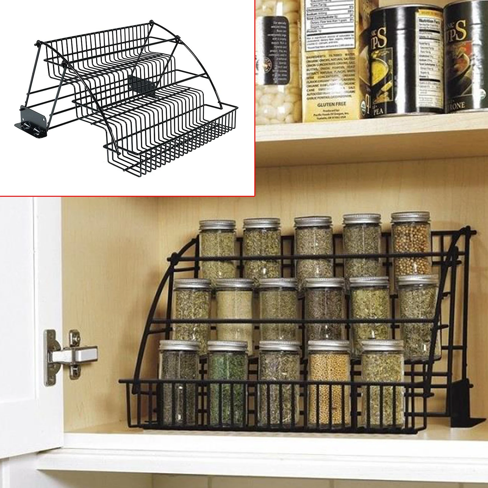 

3 Tiers Pull Down Spice Rack Retractable Seasoning Jar Shelf Metal Storage Shelf 3 Tiers Metal Pull Down Spice Rack Storage