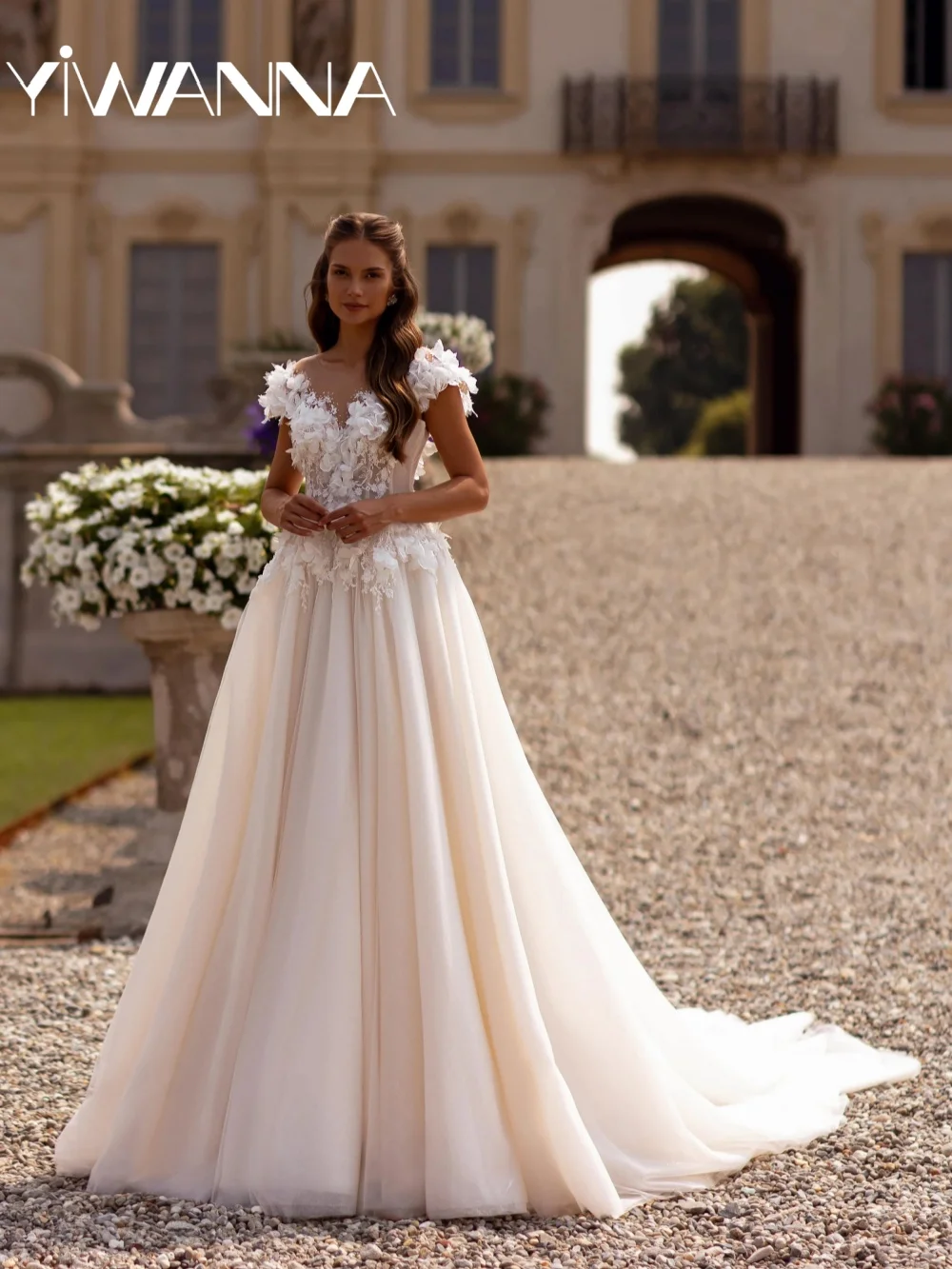 

Dreamy 3D Flower A-line Floor-length Wedding Dress Shiny Beaded Short Sleeve Bridal Gown Customized Elegant Dresses For Bride