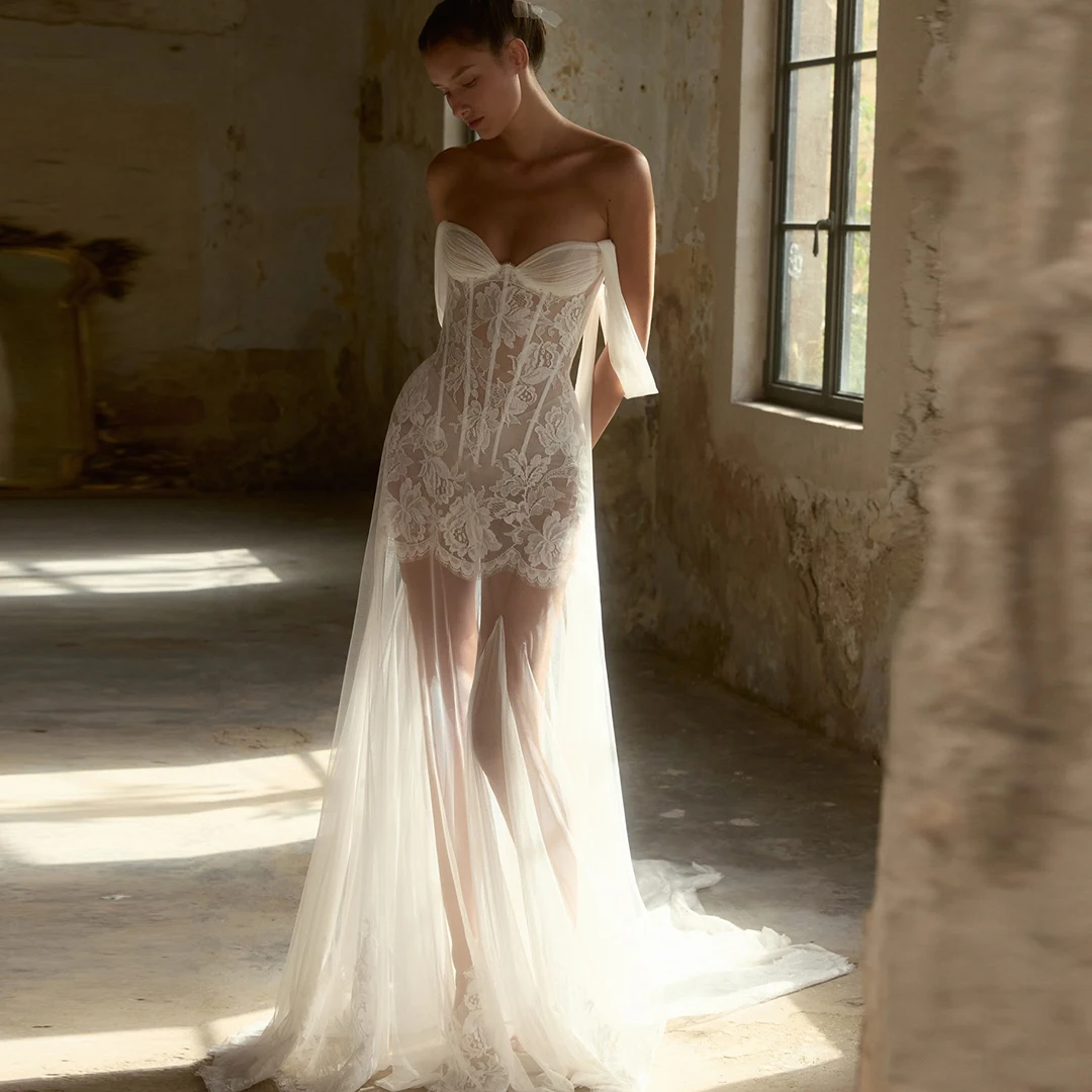 

Pretty Strapless Sweetheart Bridal Dresses Women Vintage Boho White Flower Lace Wedding Dress Long Tulle Bride Gown Customized