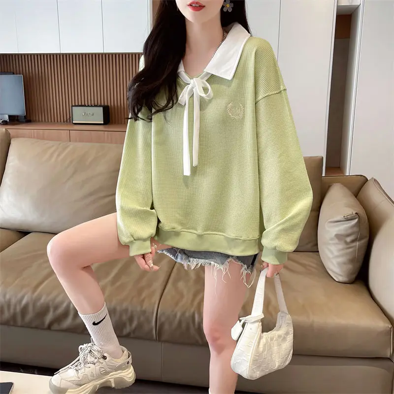 Korean Basic Polo-Neck Spliced Sweatshirts Women\'s Clothing Fashion Embroidery Drawstring Spring Autumn Casual Loose Pullovers