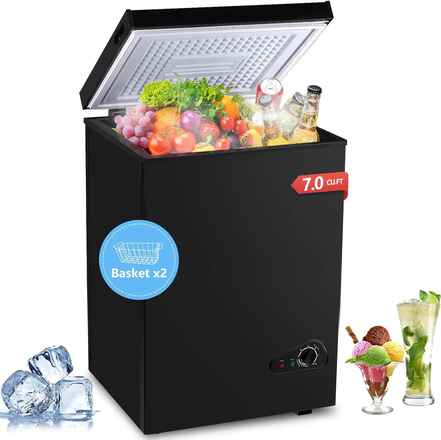 -100Q-Black 7.0 Cu.Ft Chest, Adjustable 7-Gear Temperature Control, with Removable Baskets, Deep Compact Freezer for Home, Kitch