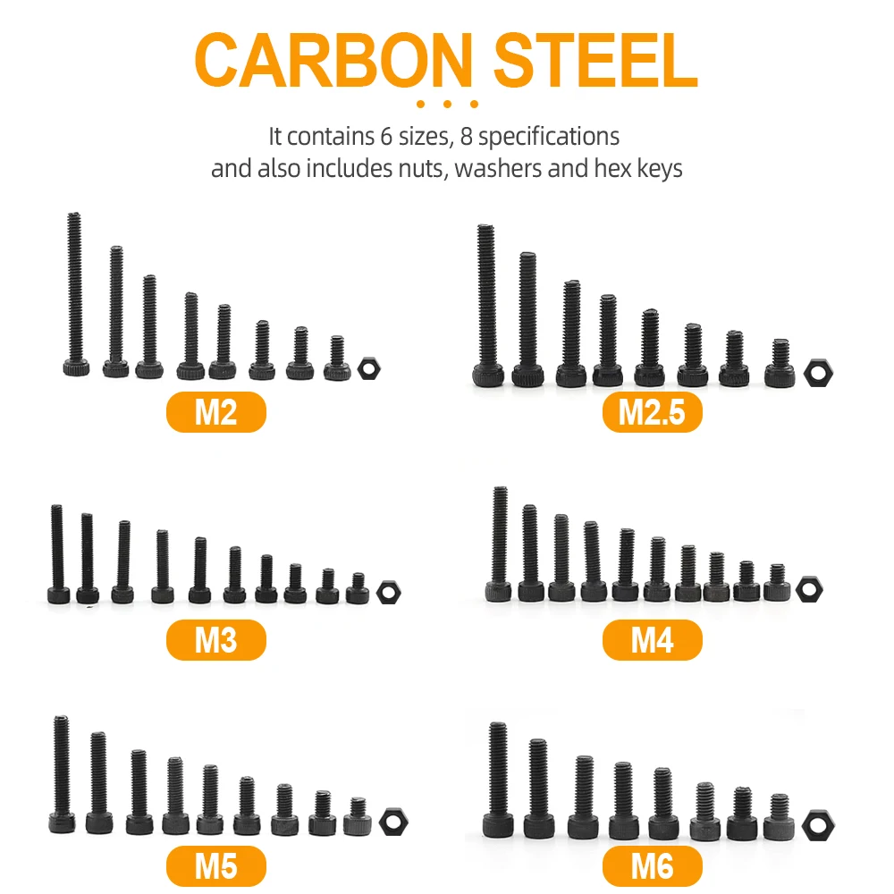 JUIDINTO Hex Socket Cap Head Screw Nut Assortment Kit M2 M2.5 M3 M4 M5 M6 12.9 Grade Allen Head Bolt and Nut with Washer Hex Key