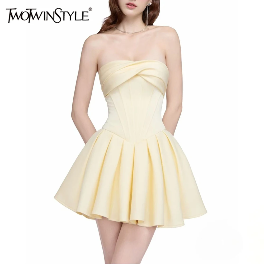

TWOTWINSTYLE Solid Slimming Spliced Folds Dress for Women Strapless Sleeveless Patchwork Lace Up Mini Dresses Female Elegant New