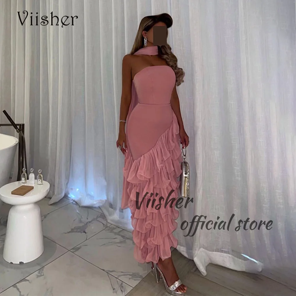 

Viisher Arabic Mermaid Evening Dresses Ruched Chiffon Strapless Long Formal Dress Ankle Length Dubai Celebrate Prom Gown