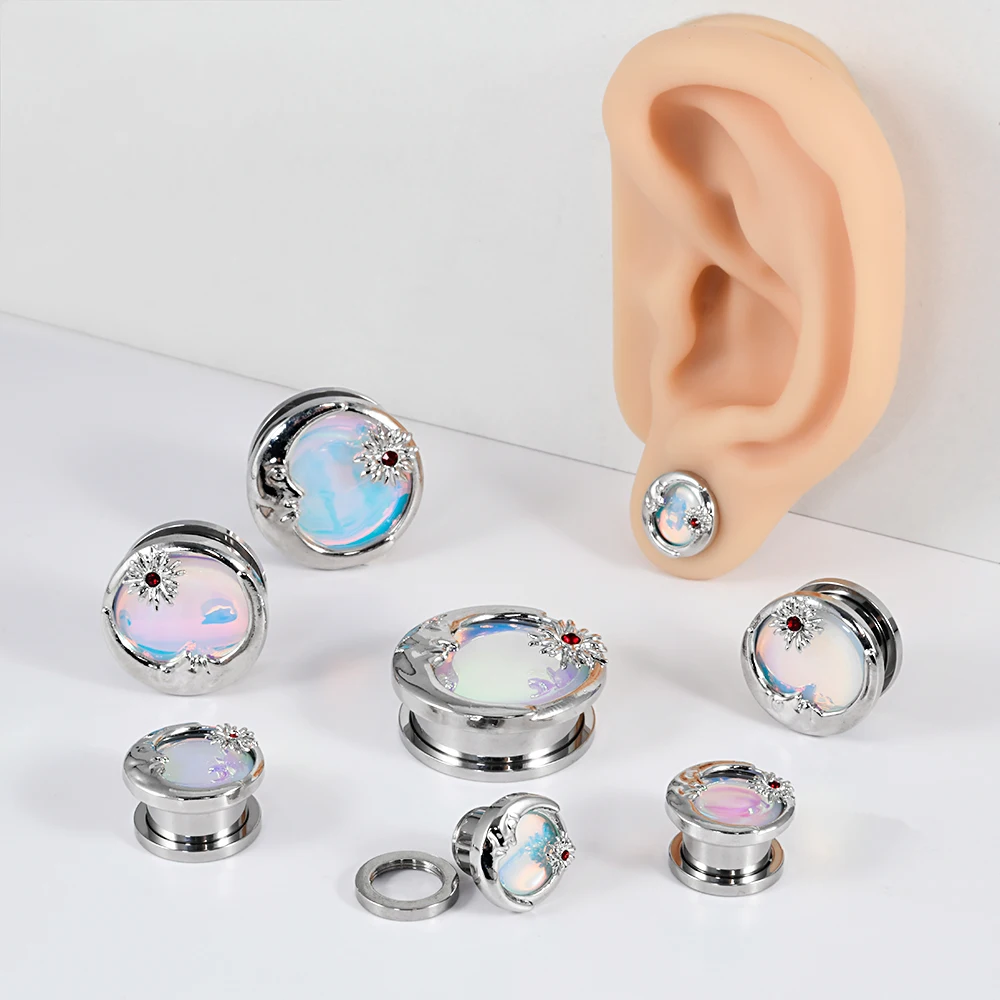 2PCS Stainless Steel Sun&Moon Ear Tunnel Plugs Earrings Flash Film Screw Fit On Gauges Expander Stretchers Piercing Body Jewelry