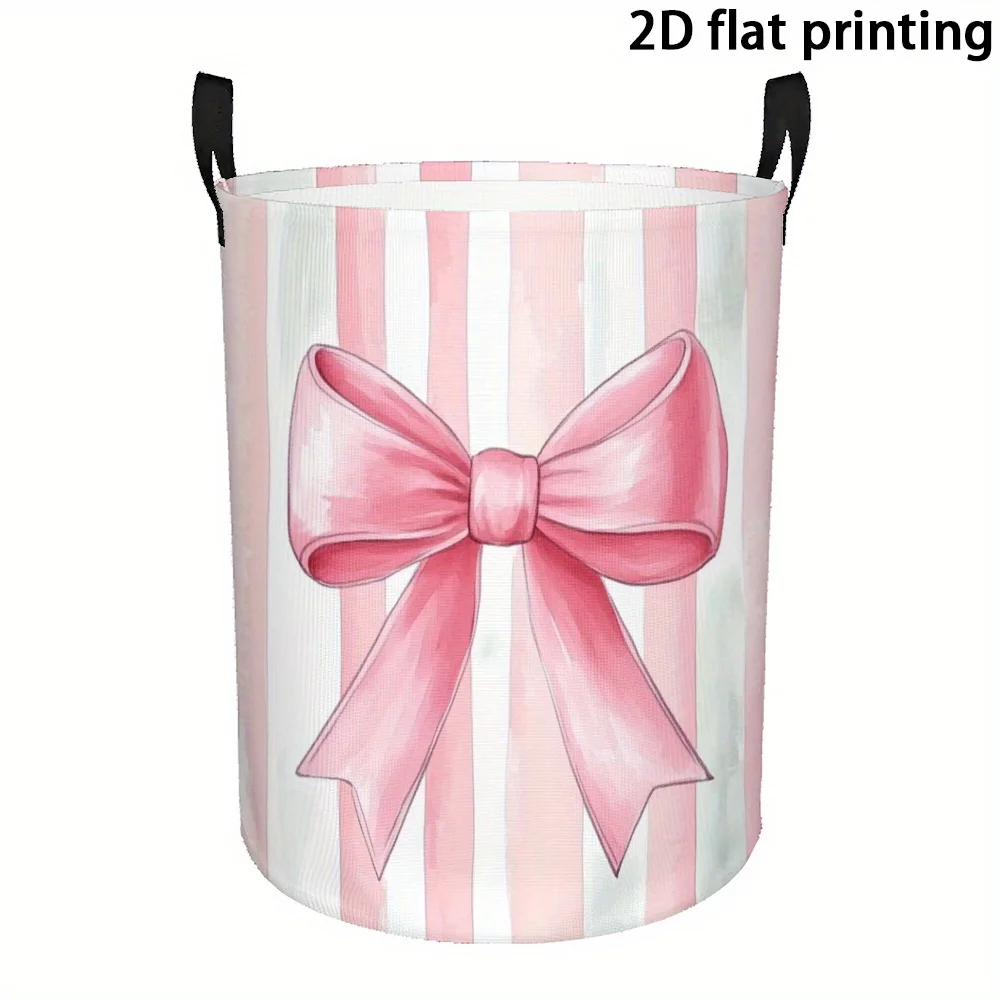 Pink Stripe Bow Print Laundry Basket Cute Coquette Style Foldable Storage Bin Waterproof Organizer for Clothes Toys Nursery Room