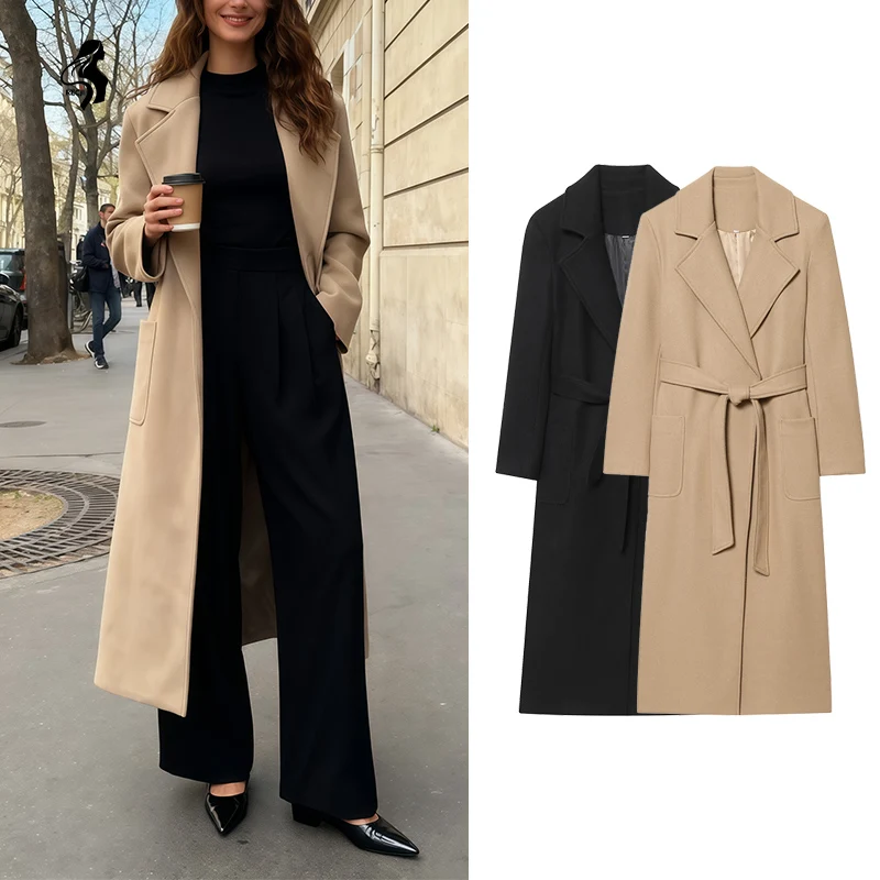 

Fashionable Womens Comfortable Casual Coat Jacket With Lapel And Belt Mid Length Blended Coat For Everyday Commuting Trafizaran