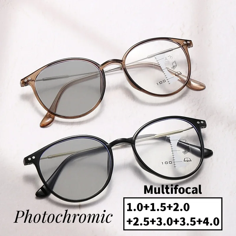 Gafas de lectura fotocromáticas para hombre y mujer, lentes multifocales progresivas con montura redonda, ultraligeras y lejanas, a la moda