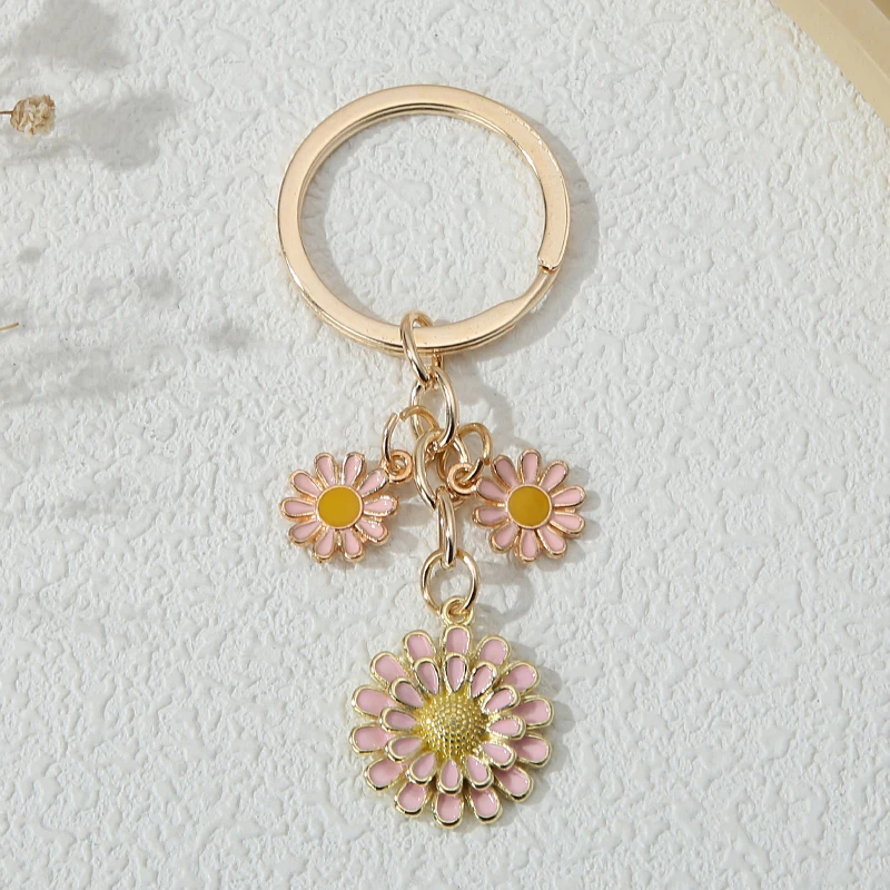 Cute Enamel Keychains Three Lovely Flowers Plants Key Ring For Women Girls Friendship Gift Handbag Accessories Handmade Jewelry