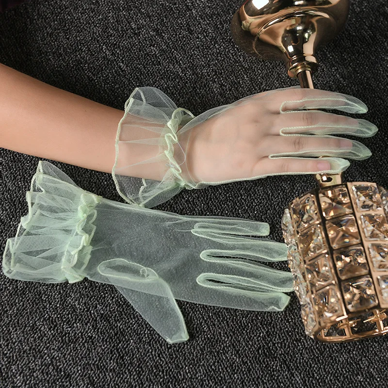 Women Short Tulle Gloves Sexy Lace Mittens Tulle Full Finger Gloves Lady Driving Glove Transparent Mittens Wedding Bridal Gloves