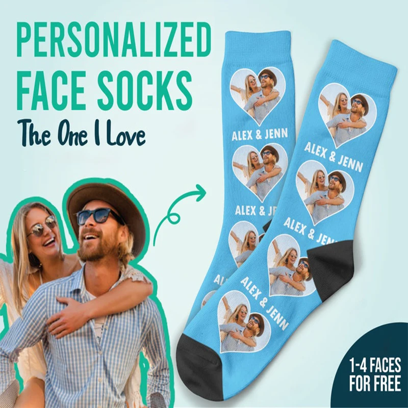 

DIY Custom Love Couple Cotton Socks Your Photo Plus Your Name Custom Novelty Fashion Socks For Lovers Harajuku Casual Neutral