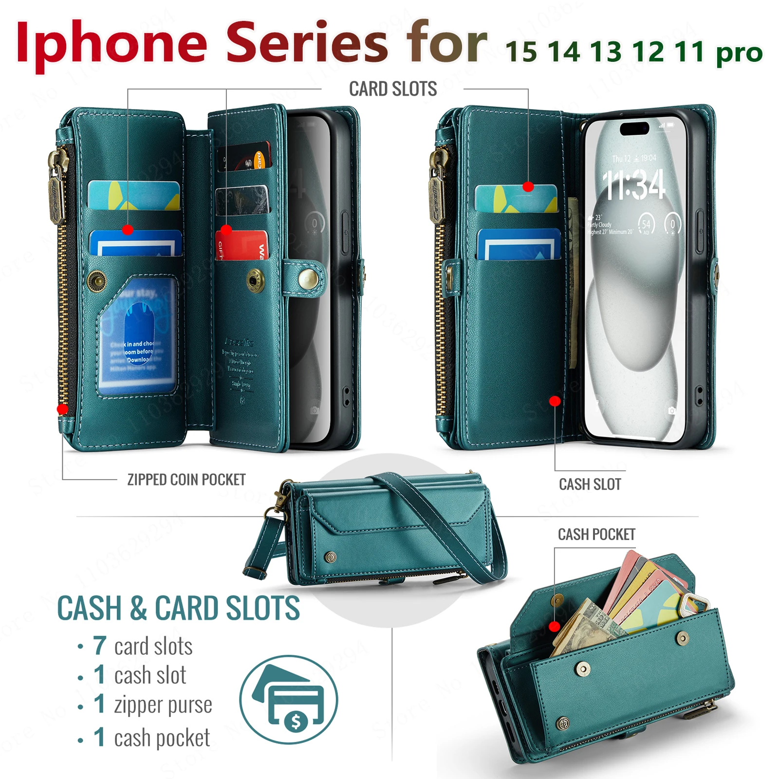 CaseMe Leather Card Holder Wallet,Crossbody Mobile Cover,Suitable for iPhone 15,14,13,12,11Pro,XS Max,6,7, 8Plus, 16 Pro Max
