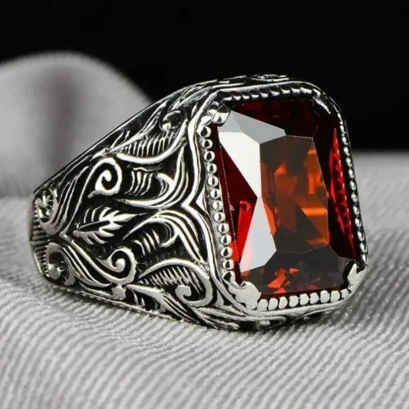 Retro Turkish Handmade Men Ring Vintage Carved Pattern Red Synthetic Zircon Rings Rock Punk Islamic Muslim Wedding Jewelry
