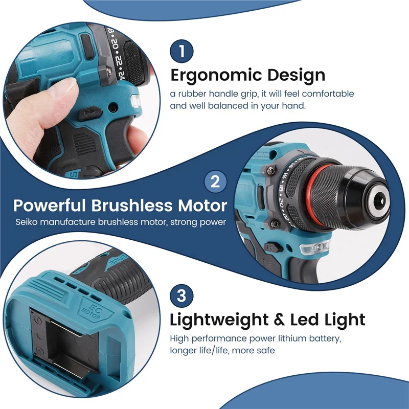 VELIF-Electric Drill 3/8Inch 90Nm Cordless Electric Drill Brushless Hand Screwdriver For 18V 21V Battery Power Tools
