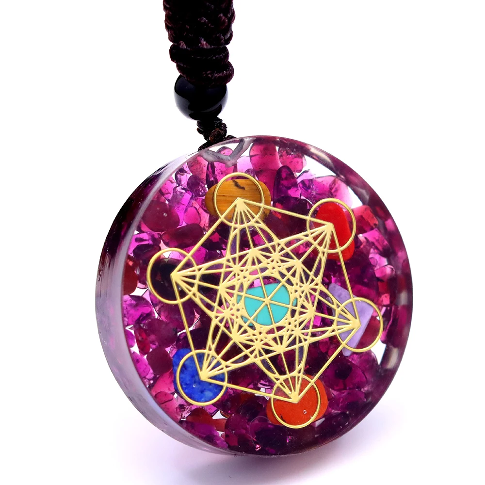 Natural Garnet Chips Stone 7 Chakra Orgonite Healing Pendant Necklace Metatron Cube Crystal Meditation Divine Protection Amulet