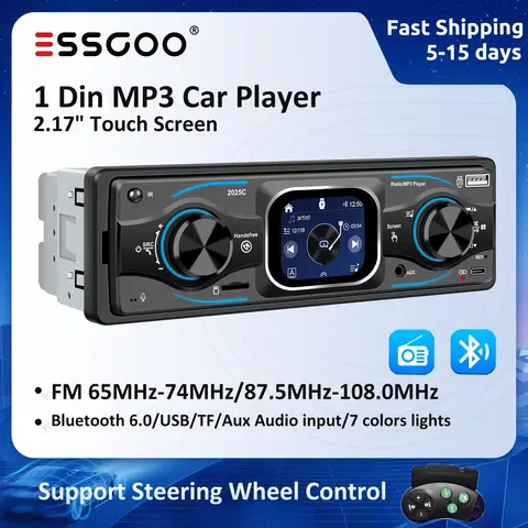 ESSGOO 1딘 카 라디오 스테레오 플레이어 2.17인치 터치스크린 블루투스 6.0 차량용 MP3 플레이어 FM 라디오 스테레오 오디오 음악 USB/SD AUX 입력