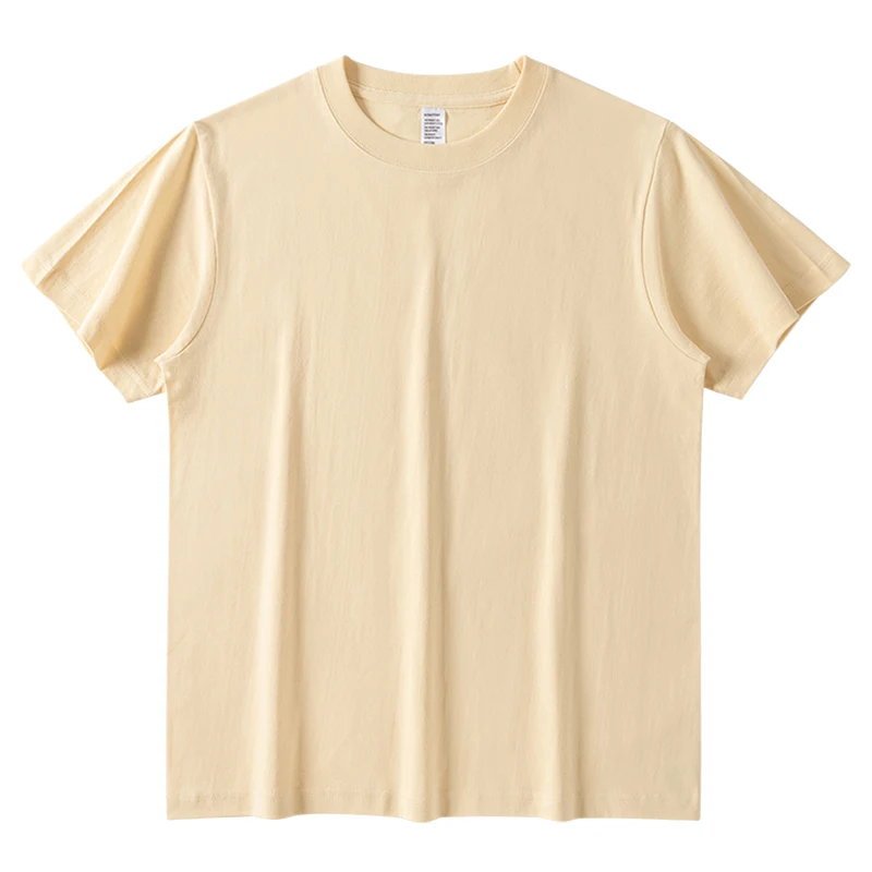 تي شيرت رجالي صيفي أساسي بأكمام قصيرة من القطن الخالص ثقيل الوزن، بقصة فضفاضة ولون ترابي، تصميم عتيق برقبة مستديرة