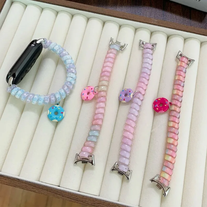 Sweet Translucent Gradient Bead Chain for Garmin Venu2S3S Lovely Donut Stretchy Wristband for Samsung Watch 7654FE Bracelet Band
