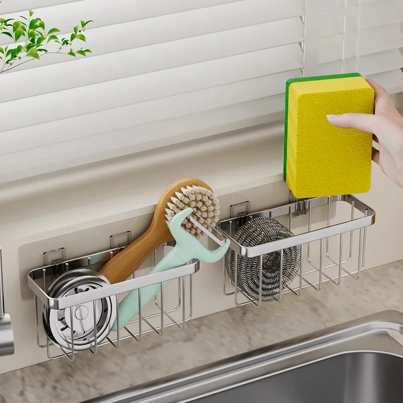 Stainless Steel Kitchen Sink Sponge Rack Non Perforated Storage Drain Rack Hollow Drainage Line Storage Basket for Sponges