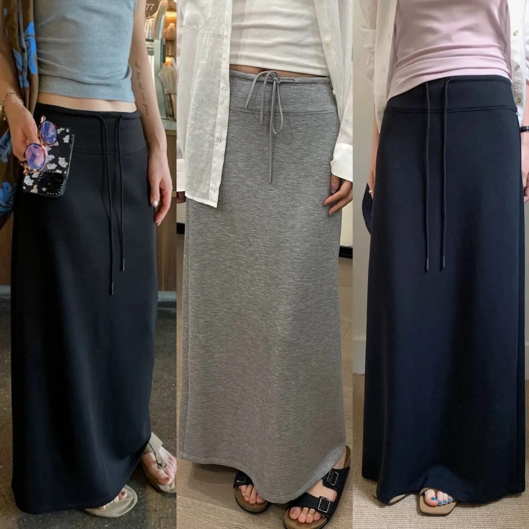 

Dstring Elastic Waist Casual Sweat Skirt f-length Women's Ba Split A-line Loose Fit High Waist Long Skirt