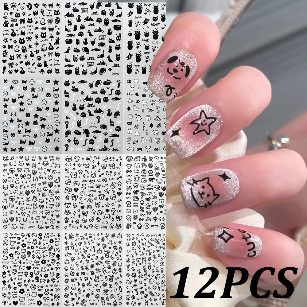 

12pcs/set Kawaii Balck Cat Graffiti Dog Nail Stickers 3D Cartoon Animals Flower Heart Star Bow Nail Decal Adhesive Nail Sticker#