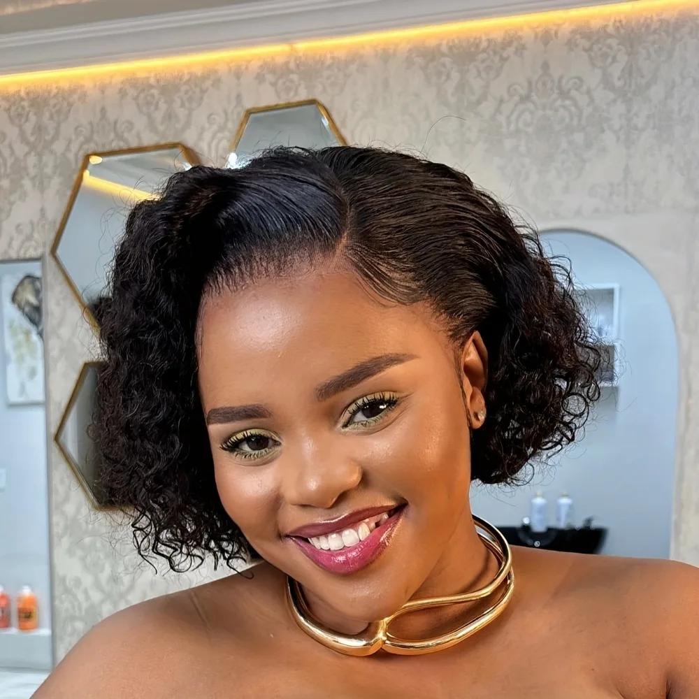 شعر ريمي بشري قصير مموج عميق شعر مستعار للنساء - كثافة 150% 8 بوصة مظهر طبيعي، لون 1B 13 × 4 شعر مستعار بدانتيل أمامي #2