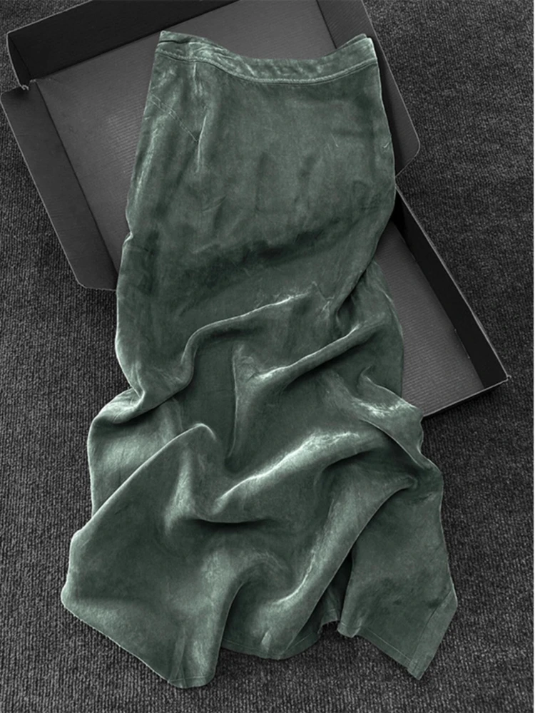 

Лето 2026: Новая винтажная зеленая юбка-миди в гонконгском стиле, стройнящая, драпированная, с эффектом небрежности, А-силуэт, с высокой талией