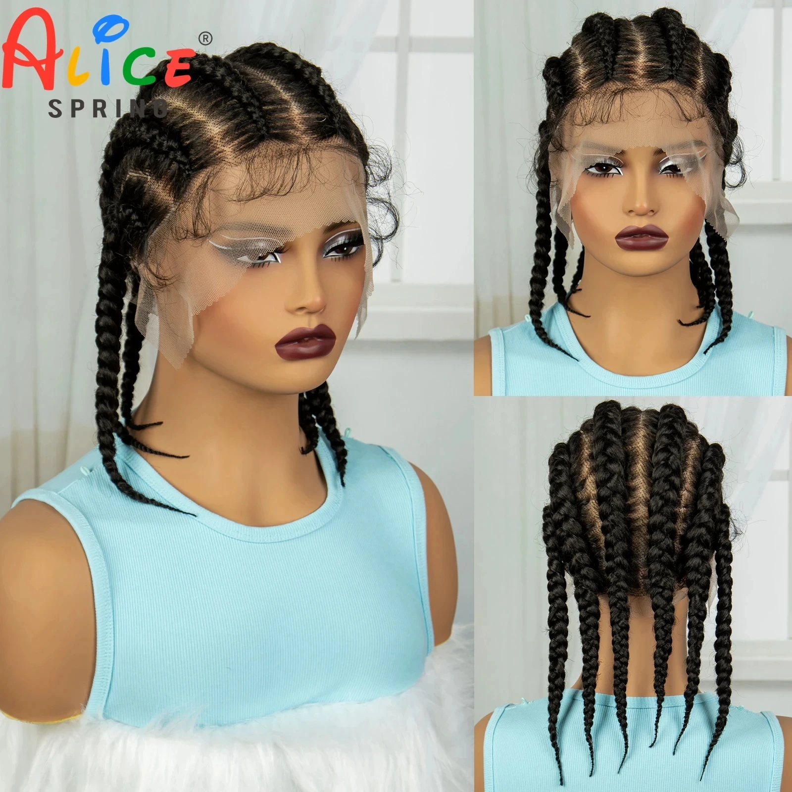 Curto laço frontal Bob perucas para mulheres negras, sintético, laço completo, Cornrow trançado, sem nós, transparente, 14"