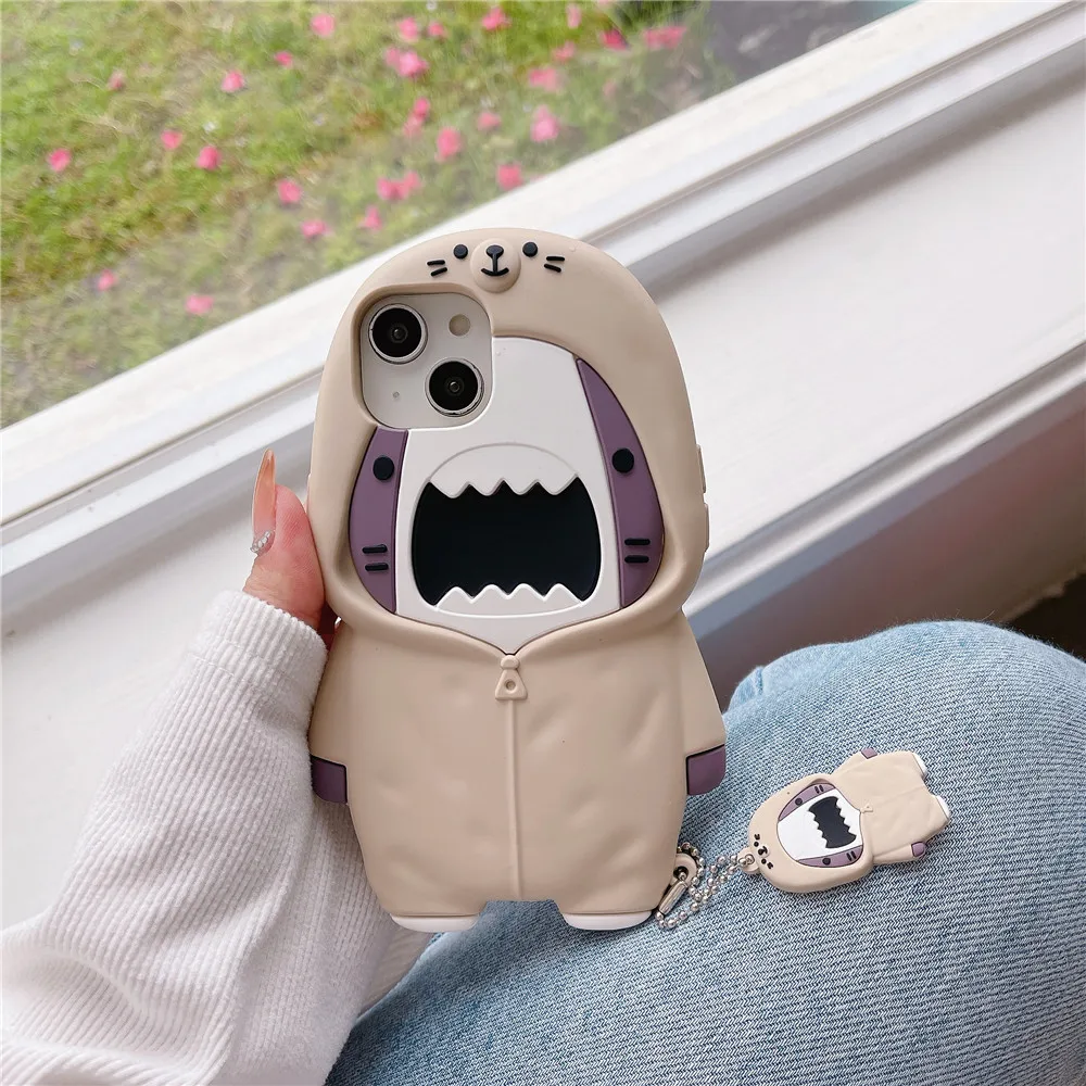 Cute Shark Hoodie Phone Case For iPhone 14 13 12 Pro Max For iPhone 11 Silicone Protective Cover With Pendant