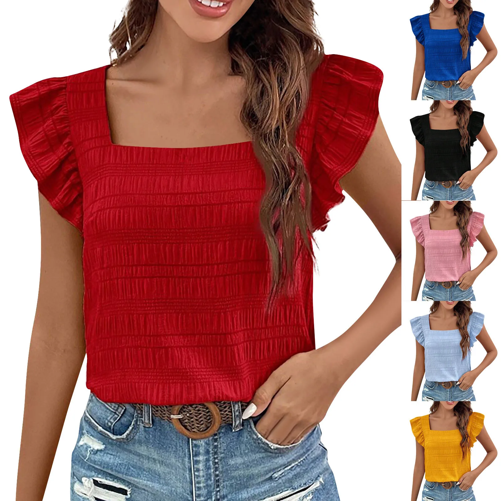 Ladies Fashion T-Shirts Daily Casual Solid Color Square Neck Ruffle Cuff Cap Sleeves Crop Tops Summer Commuting All-Match Tops