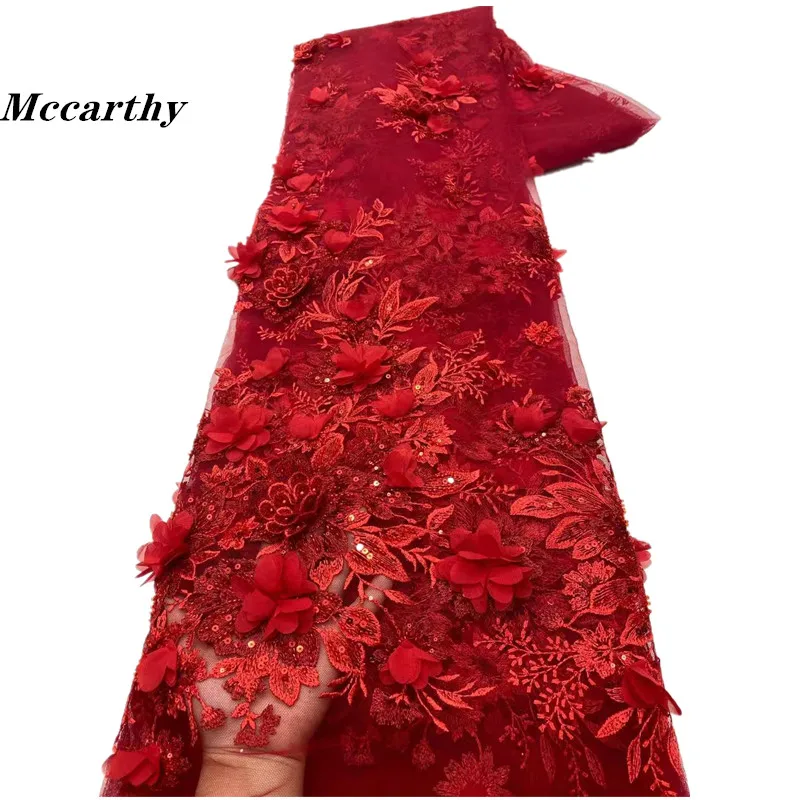 Mccarthy African Beads lace fabric 2022 latest Red Indian sari fabric high quality tulle sequined lace fabric for wedding dress