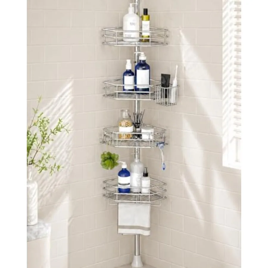 

Corner Shower Caddy for Bathroom Bathtub Shampoo Storage Rust-Free Stainless Steel Silver 4-Tier Adjustable Tension Pole Drill-