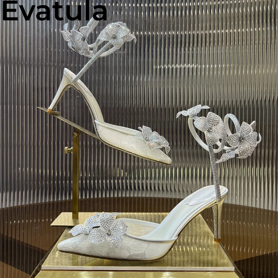 2025 Summer Blingbling Crystal Flower High Heel Sandals Women Pointy Toe Ankle Wrap Stilettos Sexy Party Wedding Bride Shoes