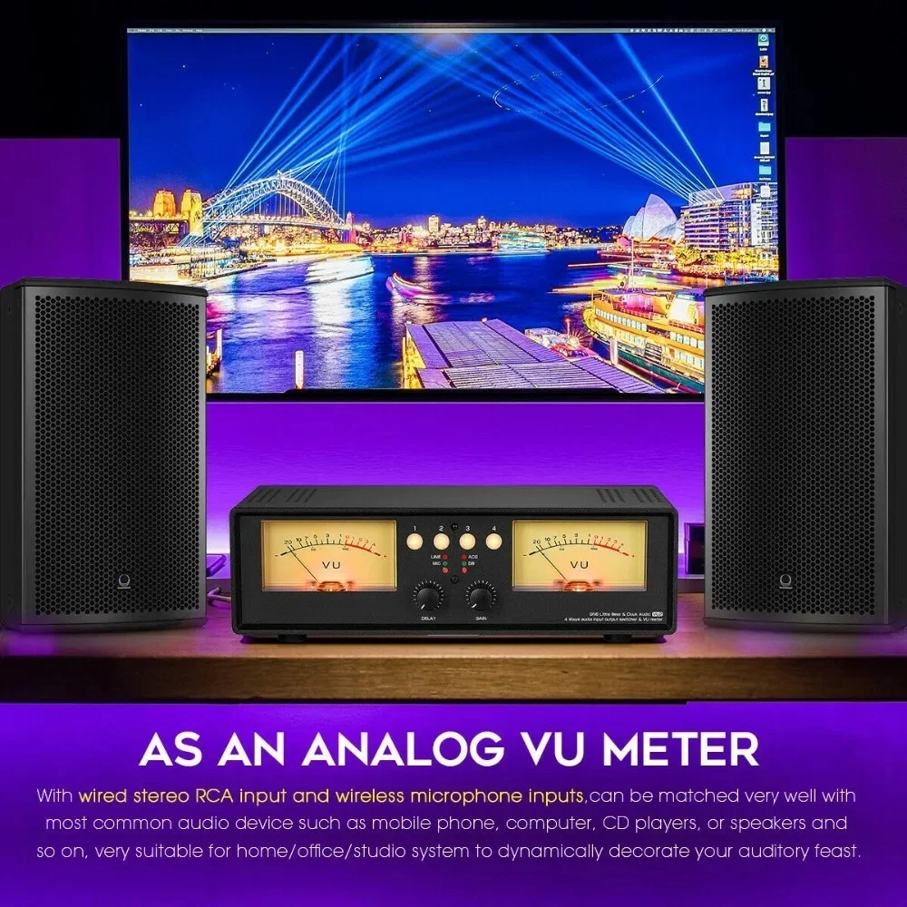 Analog Dual VU Meter MIC+LINE Stereo Music Spectrum Display Sound Level Indicator 4-Port Audio Splitter Switcher Box
