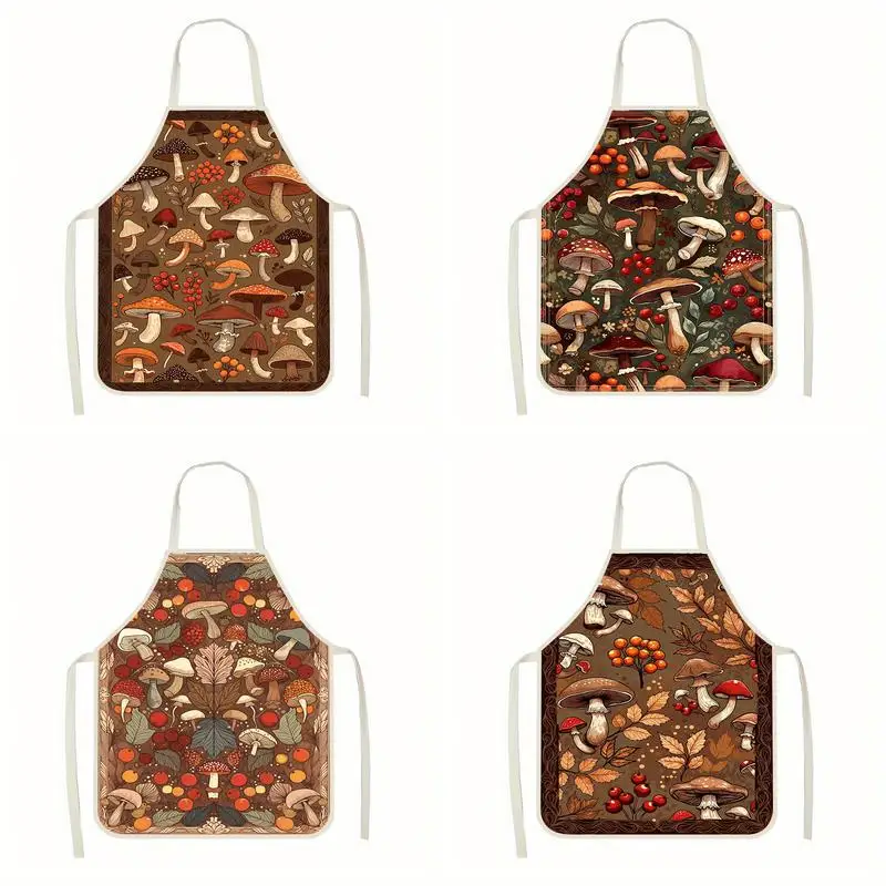 

Mushroom Autumn Pattern Linen Apron, Suitable For Kitchen Cooking, Parent-Child Interaction, Painting And Other Scenarios