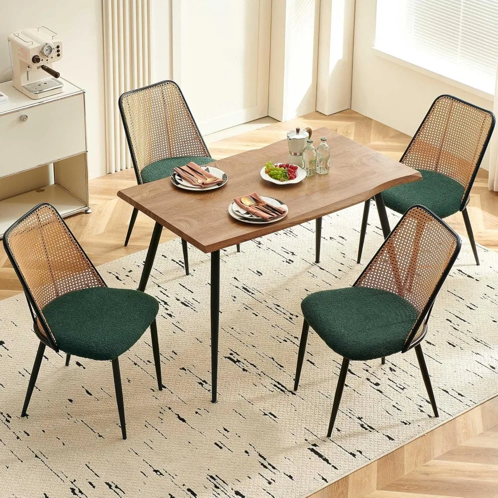 

Dining Table Set for 4, Kitchen Table and 4 Chairs for Apartment, 5 Pieces Dinette Wood Table with Green Boucle Chiars, Rattan