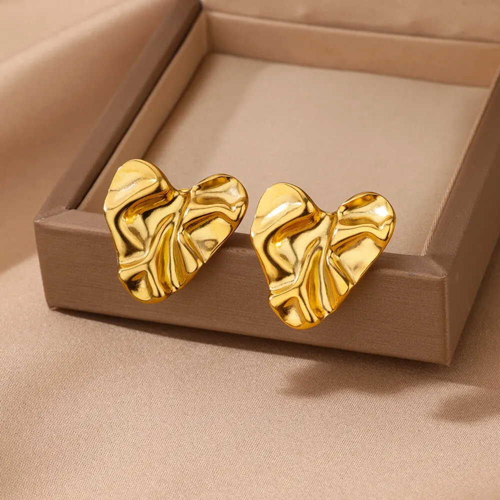 

Vintage Pleated Heart Earrings for Women Stainless Steel Gold Color Stud Earrings 2024 Trend Ear Piercing Jewelry Wedding Gift
